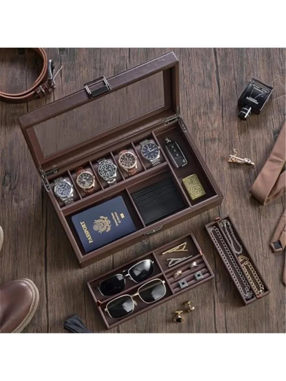 Men's Jewelry Box, 5-Slot Watch Display Case Jewelry Storage Organizer